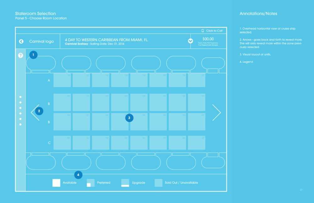 Cruise ship stateroom selection chart showing availability, preferred rooms, upgrades, and sold-out/unavailable rooms. The layout includes annotations and a legend on the right side.