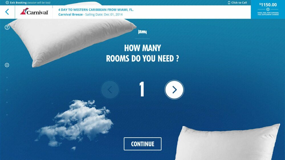 Screenshot of a room selection page for a Carnival cruise. It asks "How many rooms do you need?" with "1" selected. There are arrows to change the number of rooms and a "Continue" button at the bottom.