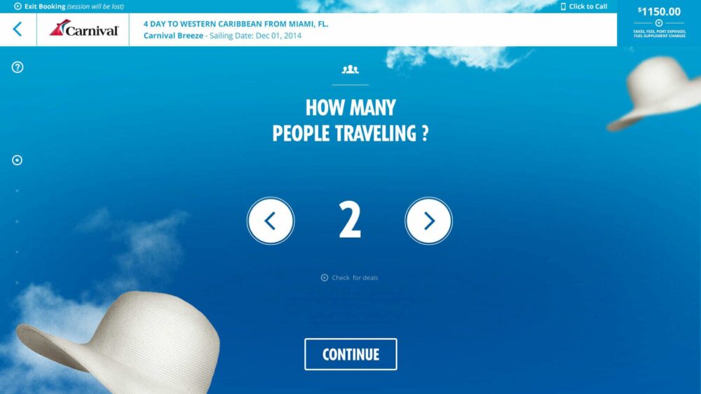 A travel booking screen showing “How many people traveling?” with the number 2 selected and navigation arrows for adjustment. There is a white hat in the bottom left corner and another in the top right corner.