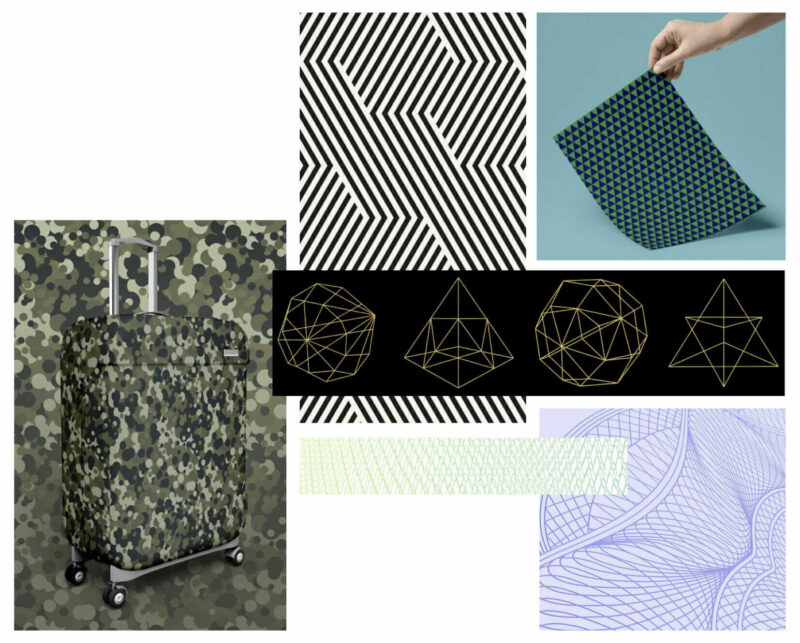 A collage including a camo-patterned luggage, geometric black and white designs, golden geometric shapes on black, a hand holding a patterned sheet, green lines, and blue waveform lines.