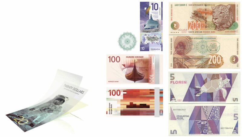 Image of various banknotes from different countries, including a 20-dollar bill, 10-kronor note, and other denominations featuring diverse designs, colors, and images.