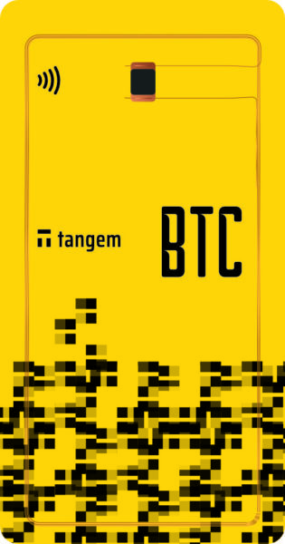 A yellow Tangem card with a BTC logo and a pixelated design at the bottom, indicating it is a Bitcoin hardware wallet.