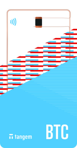 A Tangem BTC card is partially obscured by a red and blue striped digital pattern. The card has the Tangem logo and wireless symbol.