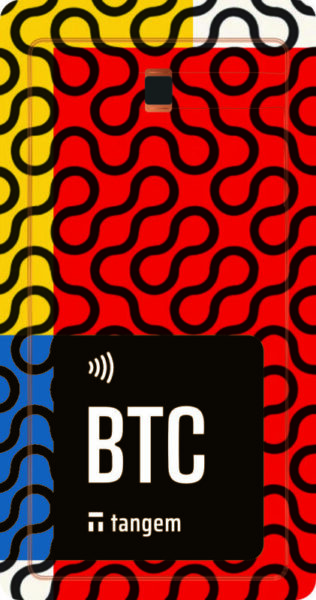 Colorful Tangem Bitcoin (BTC) hardware wallet with a red, blue, yellow, and white patterned background.