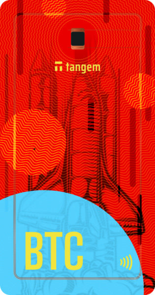 A colorful Tangem card design with a red and orange abstract pattern and the word "BTC" in large yellow letters within a blue shape at the bottom.