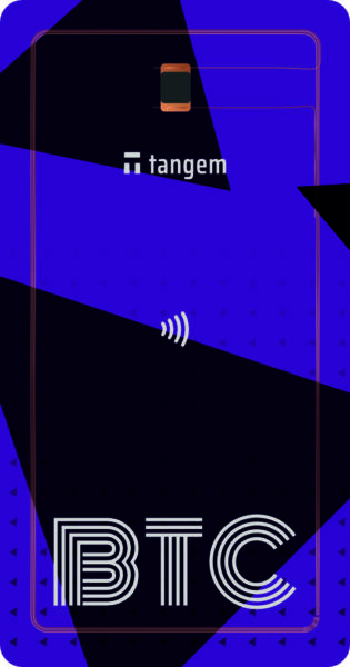 Image of a Tangem card featuring a wireless signal icon, the Tangem logo, and the letters "BTC," all set against a geometric blue and black background.