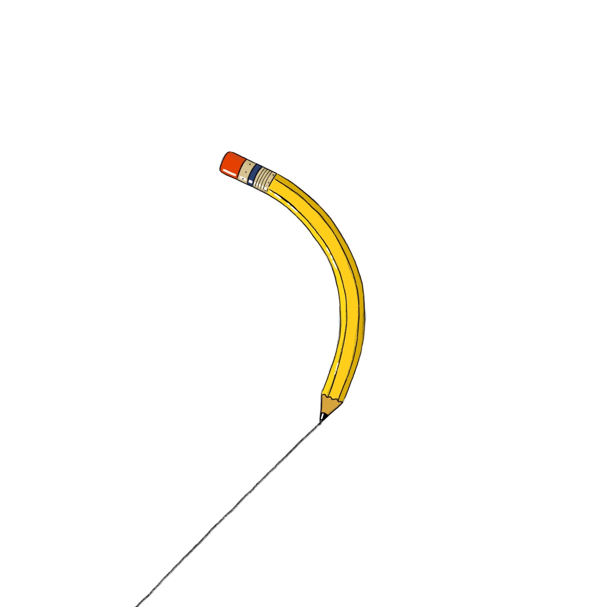 An illustration of a bent yellow pencil with an eraser, drawing a straight diagonal line on a white background. The pencil showcases its unique flexibility in this minimalist artwork.