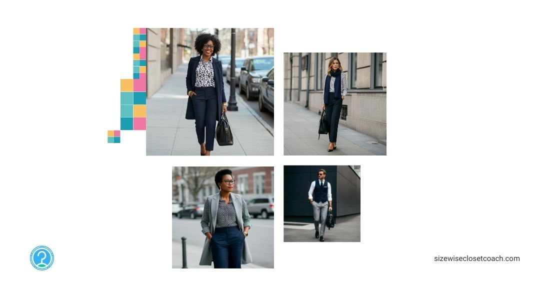 Four individuals wearing business attire walk on city streets, each carrying a bag, as if emerging from a virtual closet audit.