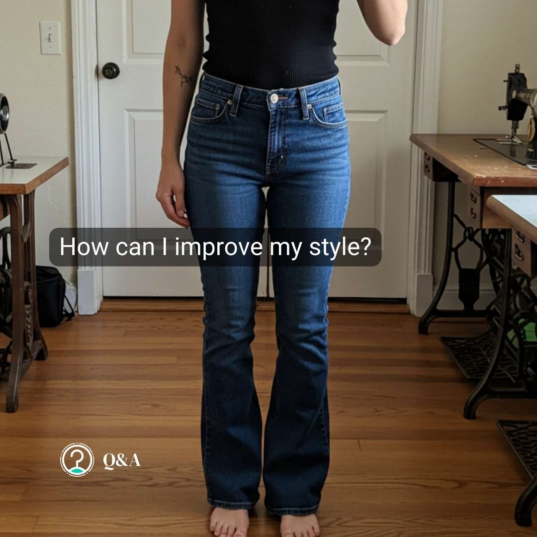 Person in a black sleeveless top and blue jeans stands barefoot in a room with sewing machines, seeking style improvement advice through a virtual closet audit.