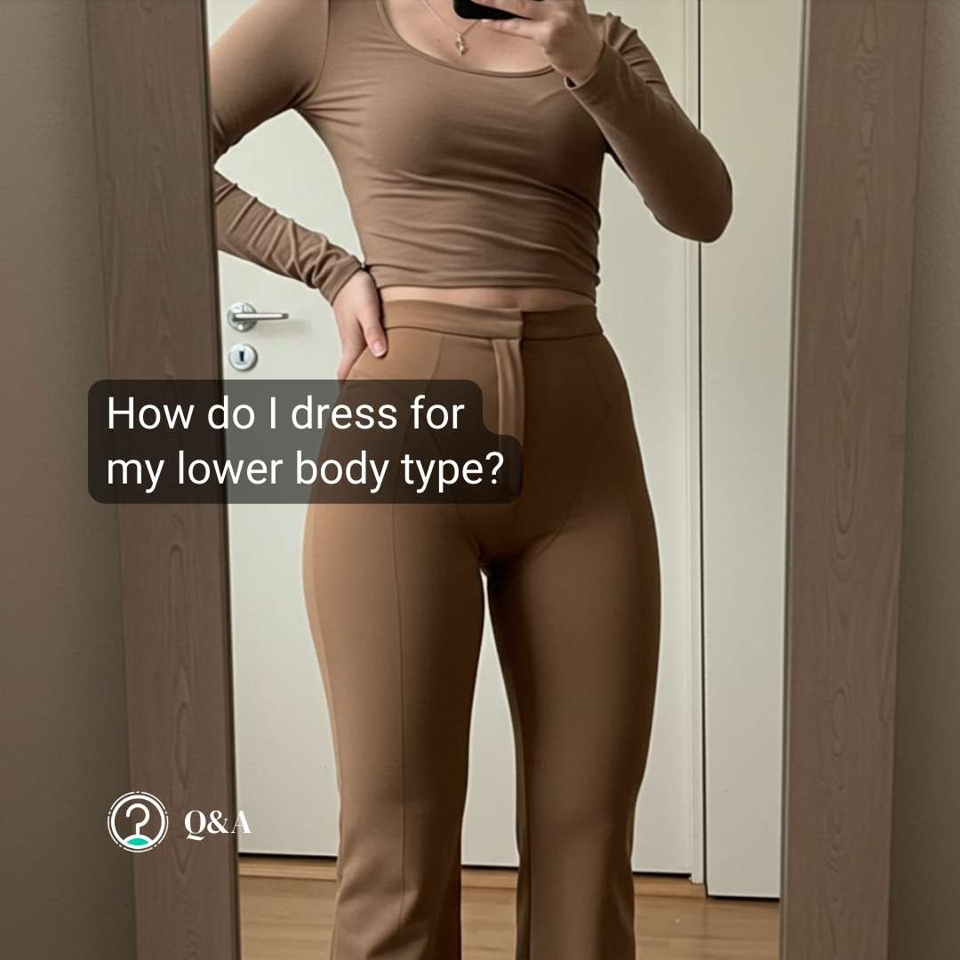 A person in a fitted brown top and pants poses thoughtfully in front of a mirror, contemplating their lower body type. Is it time for a virtual closet audit to refine their wardrobe choices?.