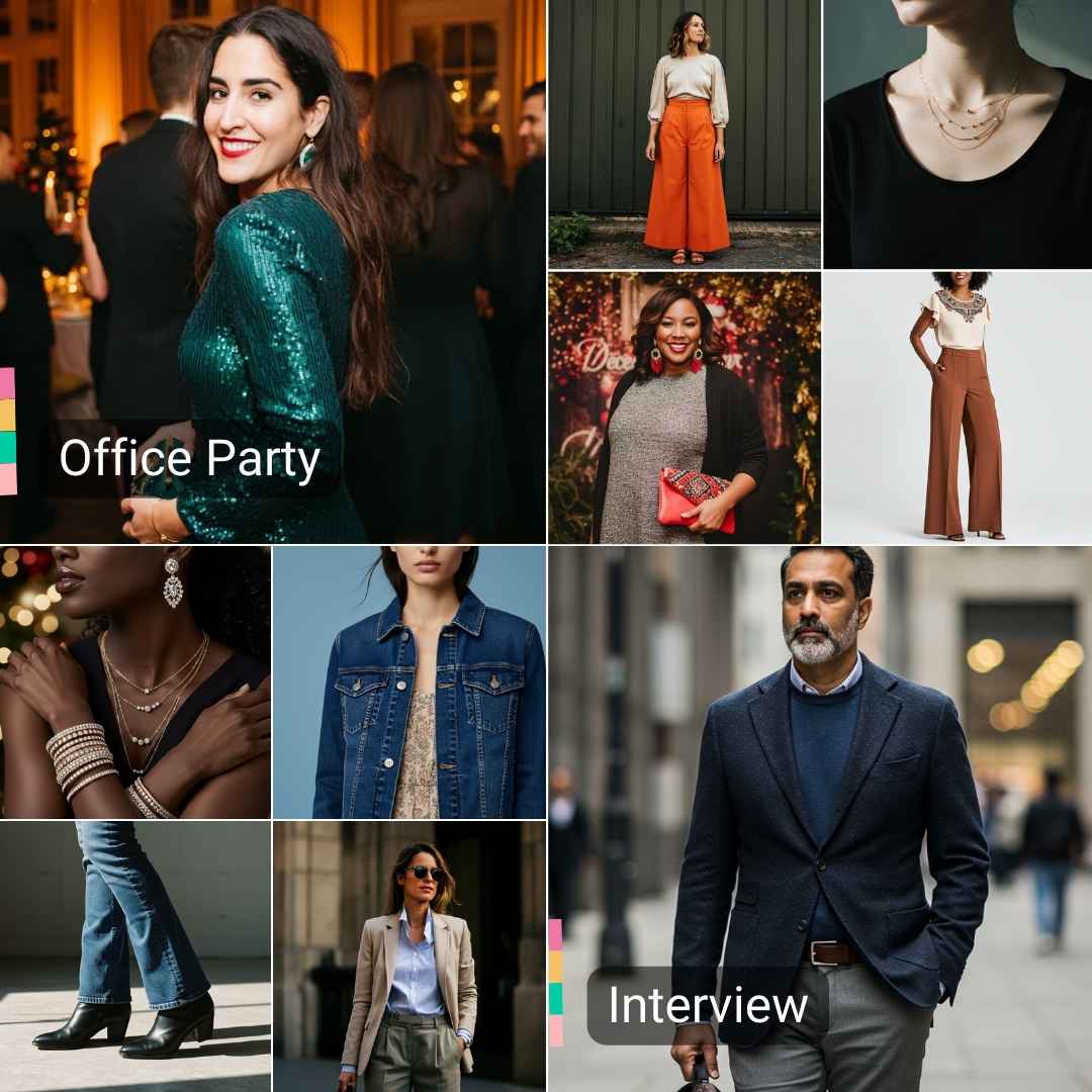 Collage of fashion outfits: virtual closet audit showcasing office party glamour and professional interview attire.