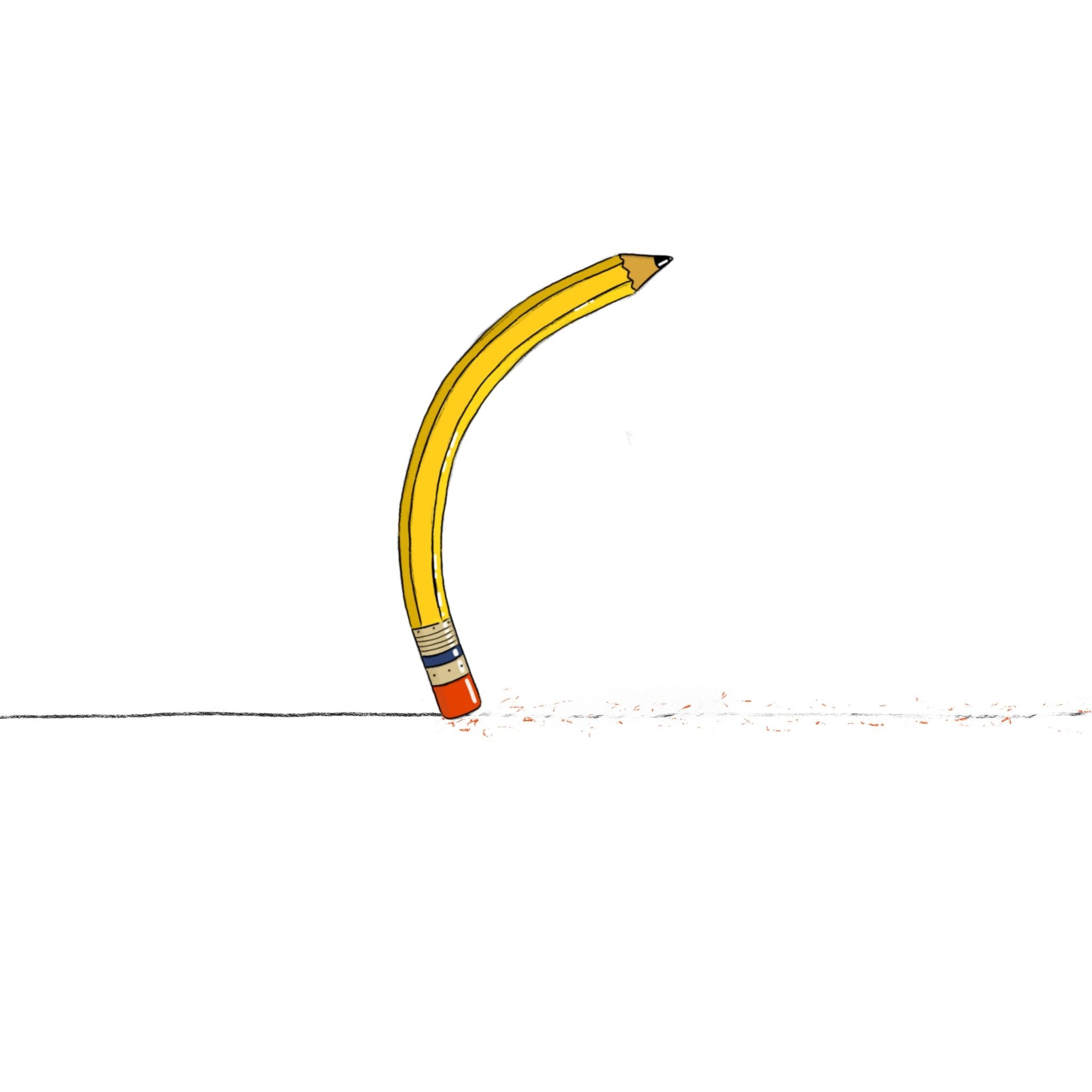 A curved yellow pencil with an eraser is standing upright on its eraser, making a line of small shavings on a white surface.