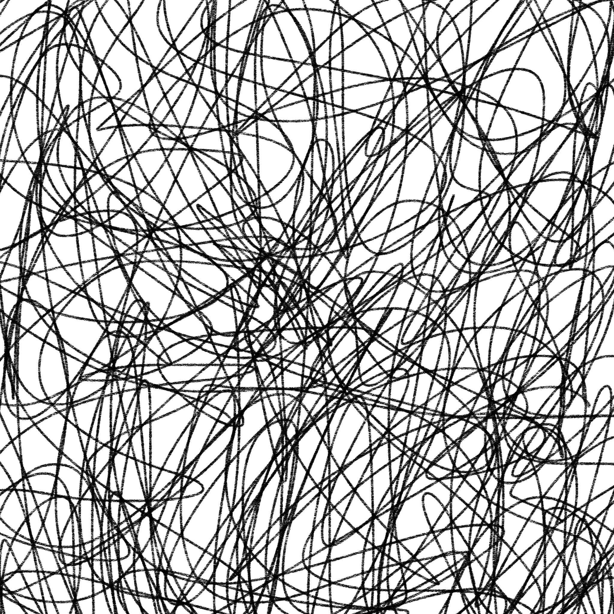 A black and white image with numerous randomly intersecting lines, like pencil strokes, forming a chaotic, tangled pattern across the entire frame.