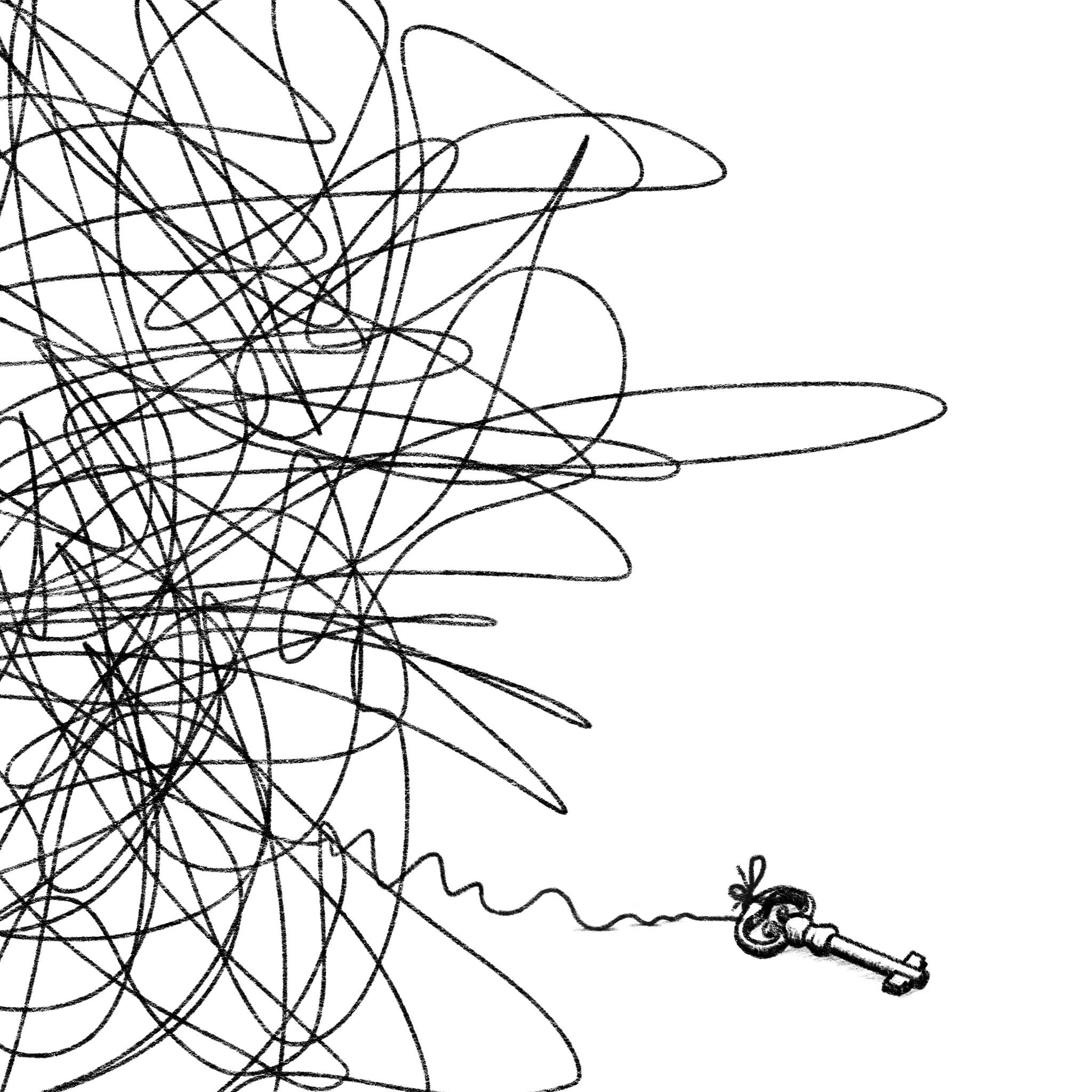 A tangled mess of black lines occupies most of the image, with a key on a string lying at the lower right corner, as if drawn by an eager pencil.
