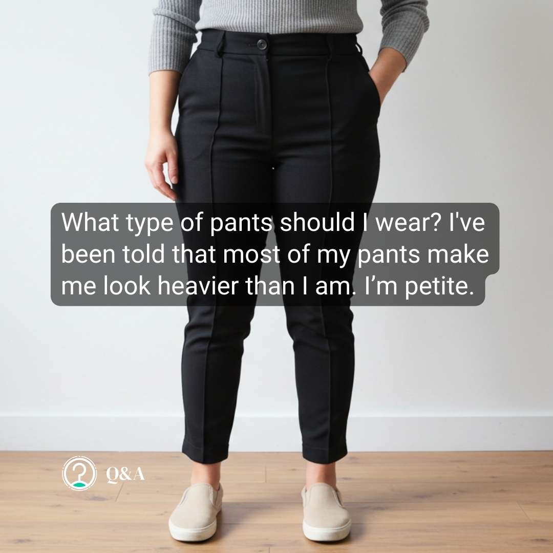A person in a gray sweater and black pants stands against a plain wall, captioned with a query about discovering flattering pants for a petite figure through a virtual closet audit.