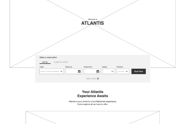 A hotel booking webpage with the word "Atlantis" displayed prominently. It features options to make reservations, including hotel, flight, check-in/check-out dates, number of guests, and a booking button.