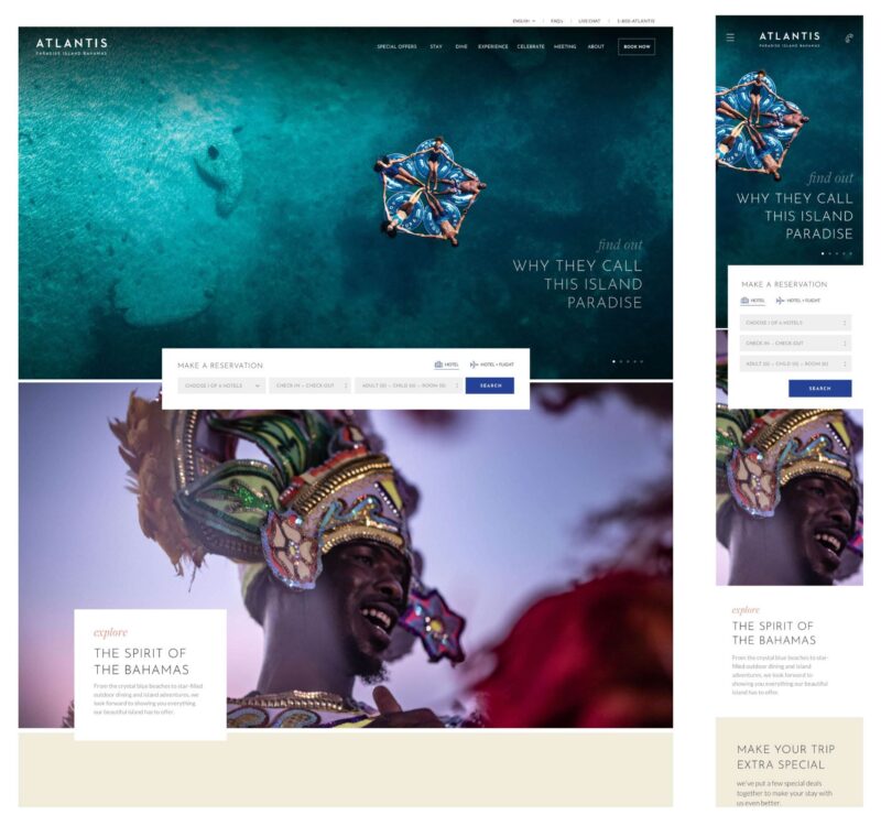 A website showcasing the tropical paradise of Atlantis Bahamas features a stunning beach image at the top and a man in traditional attire below. The header proudly reads, "ATLANTIS," and a centralized reservation form awaits your booking, all reflecting a seamless UX redesign for an enhanced experience.