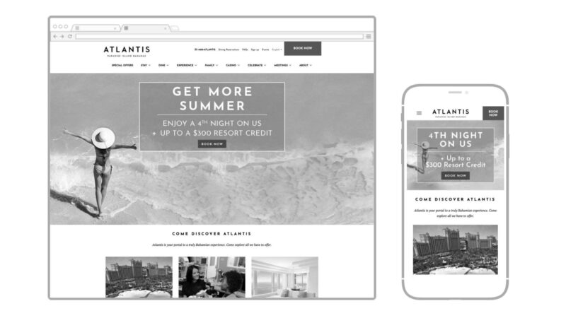 A desktop and mobile version of a hotel website featuring a summer promotion, offering a free fourth night and up to $300 resort credit. The layout includes images and booking buttons.