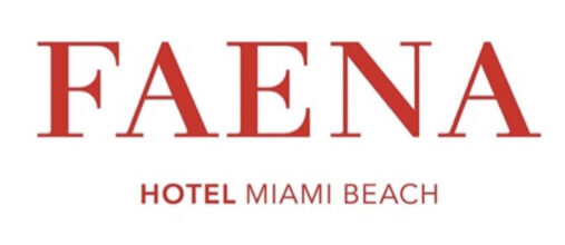 Logo of Faena Hotel Miami Beach with the text "FAENA" in large red letters and "HOTEL MIAMI BEACH" in smaller red letters below.