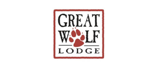 Great Wolf Lodge logo featuring the text 'Great Wolf Lodge' with a red wolf paw print in place of the 'o' in 'Wolf', enclosed in a red border.