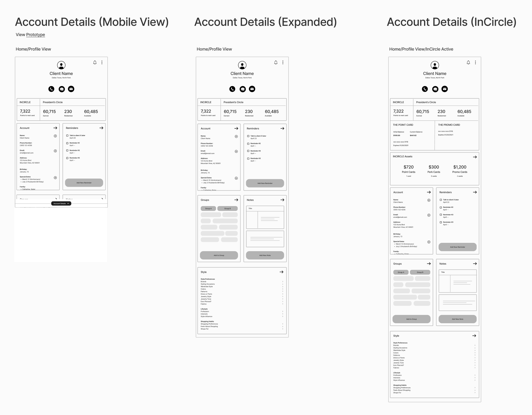Three interfaces are displayed side by side: Account Details in Mobile View, Expanded View, and InCircle View, showing client details and financial information in different layouts.