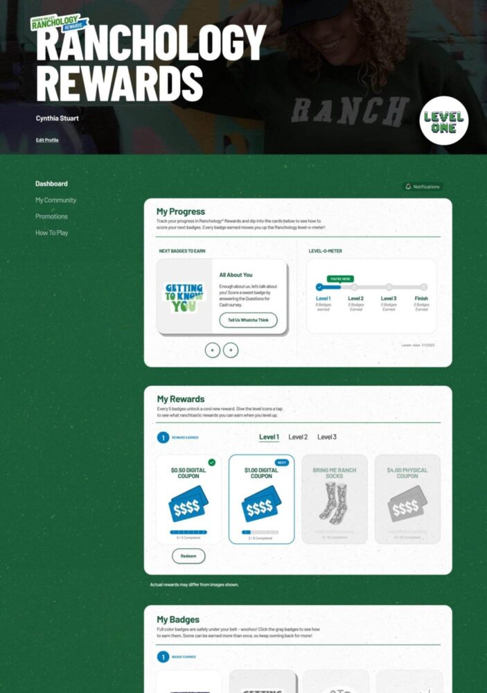 Screenshot of a "Ranchology Rewards" page showing user progress and available rewards. The user experience design is intuitive, with sections including "My Progress," "My Rewards," and "My Badges." Various reward items and badges are displayed.