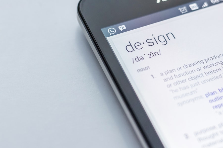 A smartphone screen displaying a dictionary app shows the definition, pronunciation, and part of speech for the word "design," highlighting key elements of user experience design.