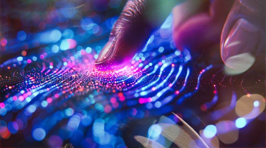 A close-up image of a hand touching a digital display, emitting vibrant blue, pink, and purple lights arranged in wave patterns.