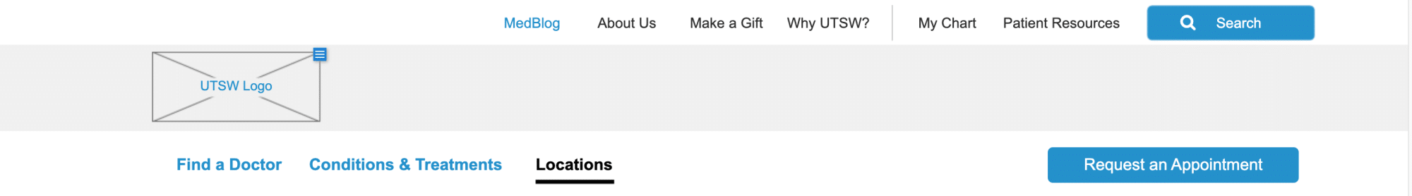 Website header for UT Southwestern Medical with a logo placeholder, menu options including "Find a Doctor," "Conditions & Treatments," and "Locations," a search bar, and a "Request an Appointment" button.