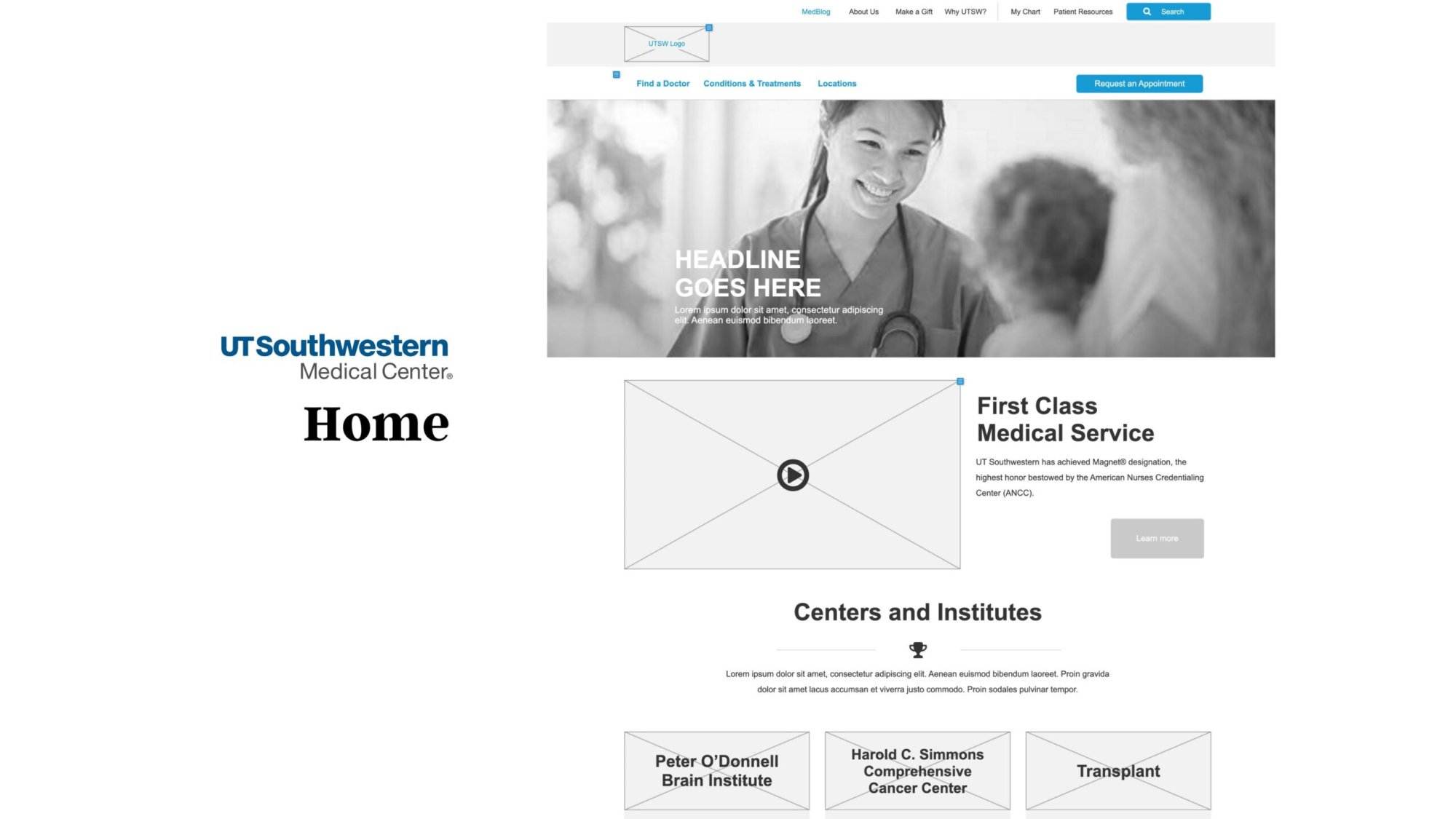 Screenshot of a hospital website homepage featuring a smiling medical professional, navigation bar, "UT Southwestern Medical Center Home" text, and sections for medical services and centers.