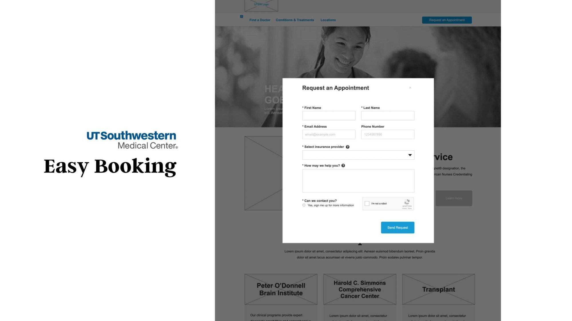 A webpage from UT Southwestern Medical Center displays an online form for requesting an appointment, featuring fields for personal information and appointment details.