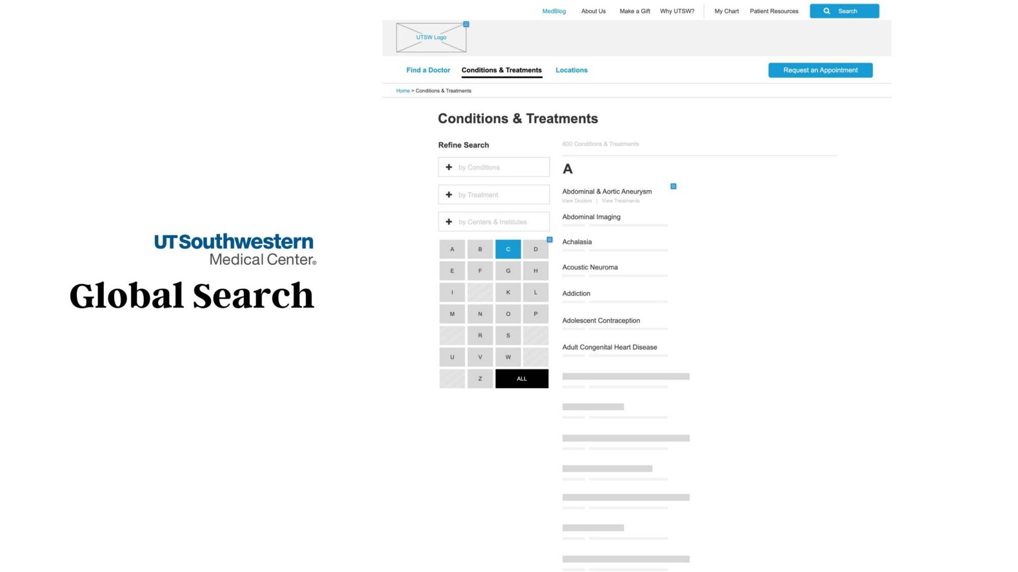 A screenshot of the UT Southwestern Medical Center's website, showing a search page for Conditions and Treatments with filter options and a grid of selections.