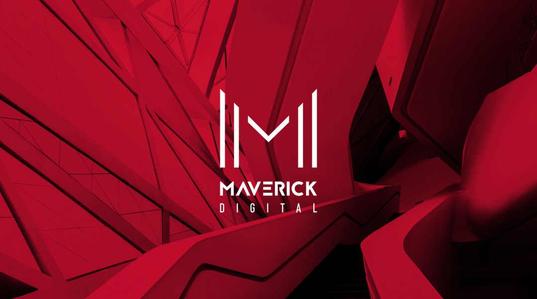Logo and name of Maverick Digital overlaid on an abstract red geometric background.