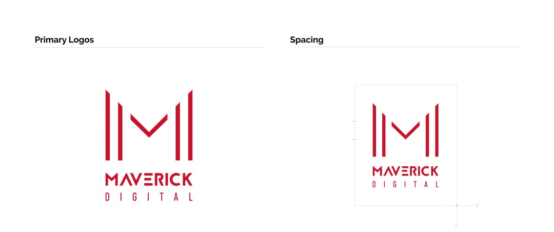 Image showcasing the "Maverick Digital" logo. The left side displays the logo, and the right side shows the logo with designated spacing guidelines. The logo text is red and stylized.