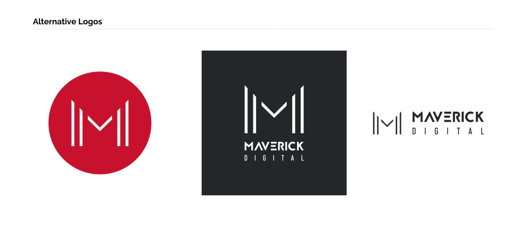 Three alternative logos for "Maverick Digital" are displayed: a red circle logo, a black square logo, and a white logo on a black background. Each features an "M" with vertical lines.