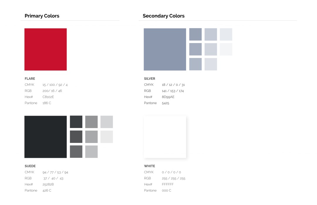 Image displaying a color palette with primary colors: Flare (red), Suede (black), and secondary colors: Silver (gray) and White. Provides CMYK, RGB, HEX, and Pantone codes for each color.