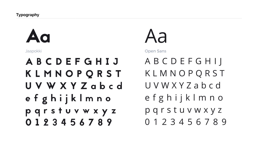 Comparison of two fonts: Jaapokki (left) and Open Sans (right), each displaying uppercase, lowercase letters, and numbers.