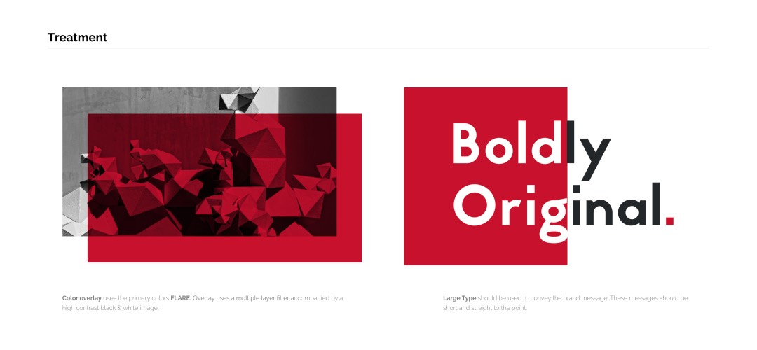 Design treatment showcasing color overlay with primary color FLARE and geometric shapes on the left, and large type with the phrase "Boldly Original." on the right.