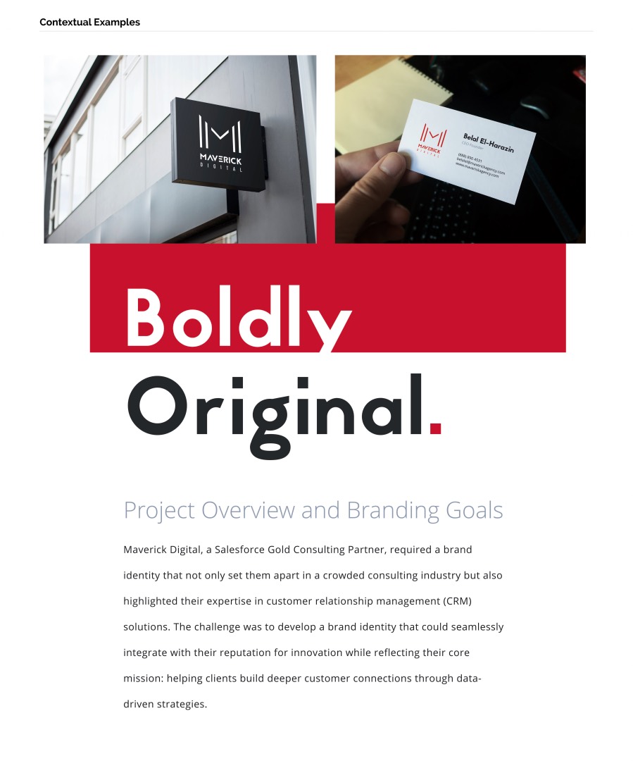 Image showcasing Maverick Digital's branding, featuring a business card and logo. The text explains the company's goal to create a unique brand identity that facilitates innovation and client connection.