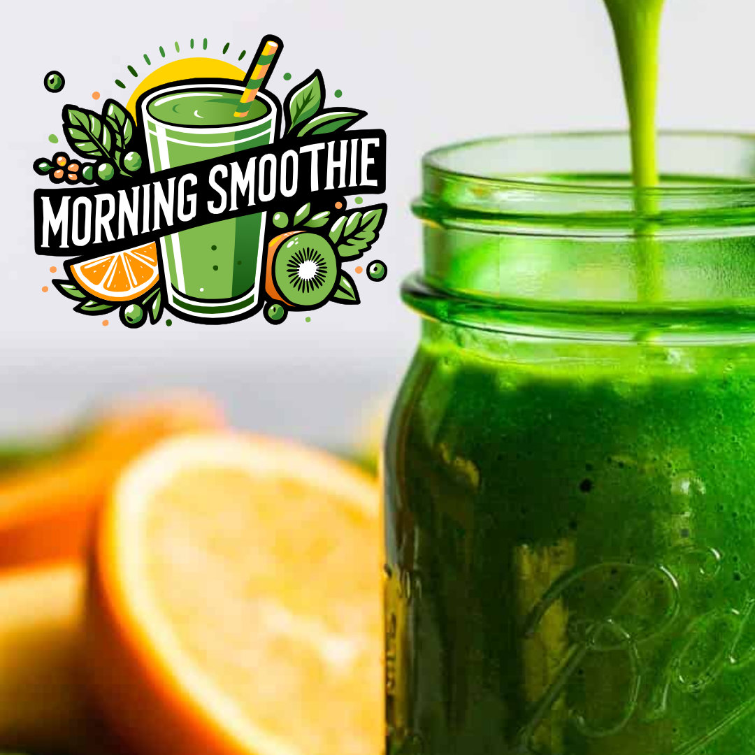 A green smoothie is being poured into a glass jar. An illustration labeled "Morning Smoothie" with fruit graphics is on the left.