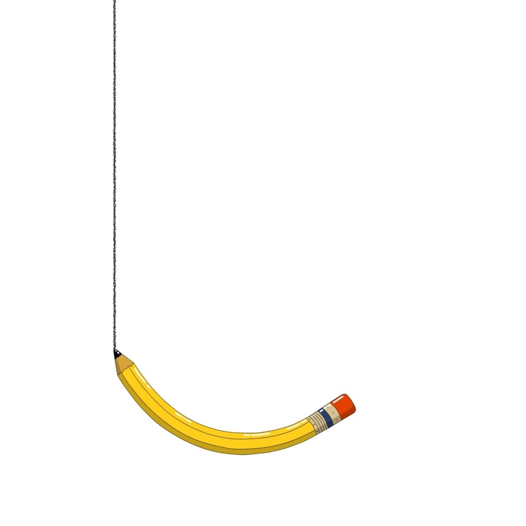 A yellow pencil with an eraser is suspended by a string from its tip, bent downward in a U-shape—ready for you to ask encil anything.