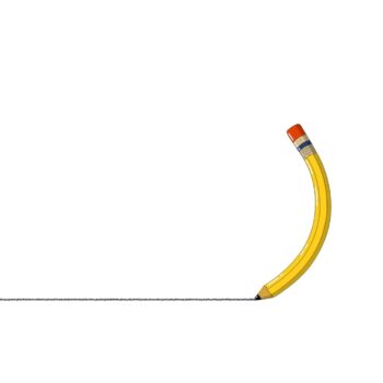 A yellow pencil with an eraser is drawing a straight line; the pencil appears bent upwards in an exaggerated curve, as if it's ready to ask encil anything.