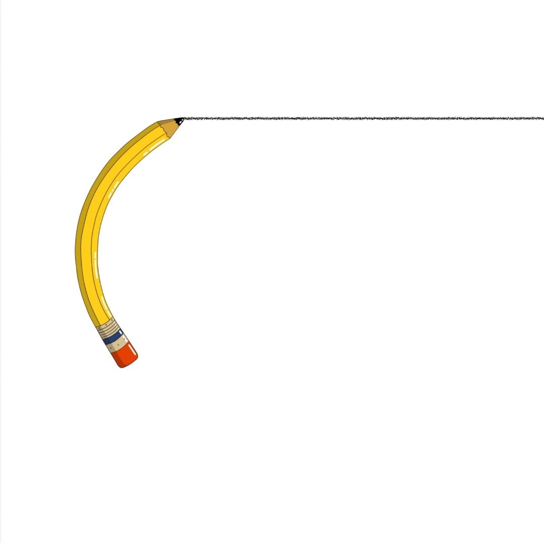 A yellow pencil, emblazoned with "ask encil anything," is bent into an arc as its tip draws a straight horizontal line across a white background.