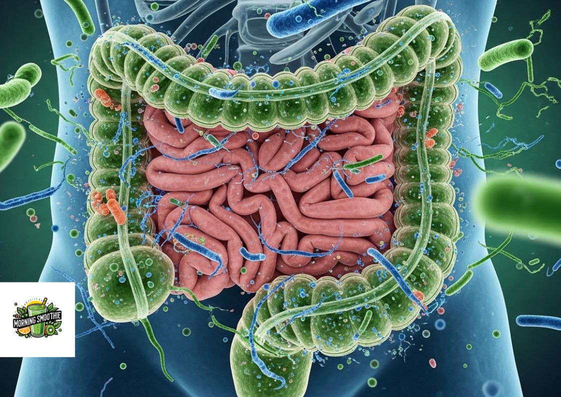 Illustration showing the human digestive tract with the intestines, surrounded by various bacteria representing the gut microbiome.