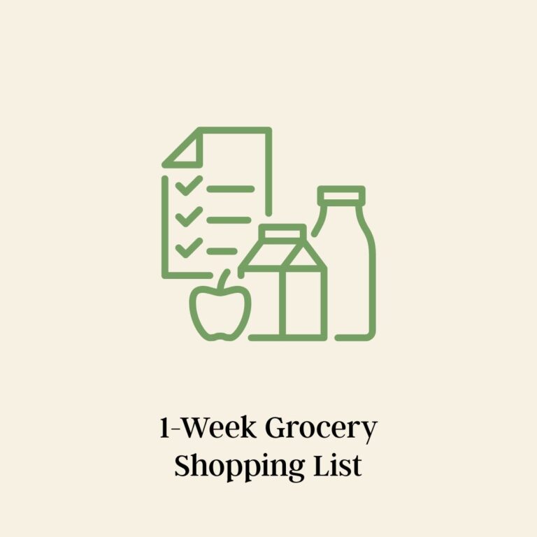 Simple icon of a checklist, milk cartons, a bottle, and an apple above the text "1-Week Grocery Shopping List" on a beige background—perfect for planning your easy eats.