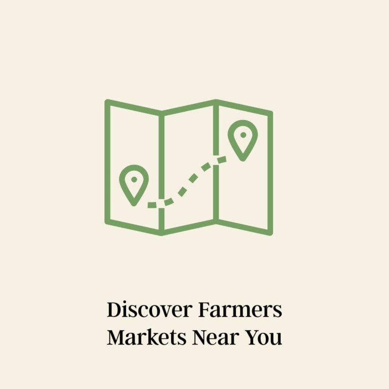 Icon of a map with location pins and a dotted route, above the text "Discover Easy Eats at Farmers Markets Near You" on a beige background.