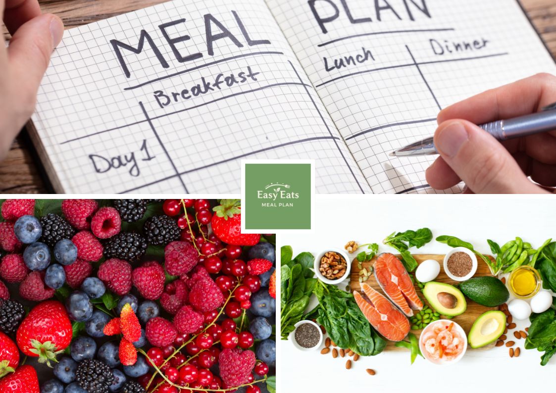 A hand writes in a meal planning journal, with breakfast to dinner columns. Below are assorted fresh berries and a variety of healthy foods including salmon, eggs, nuts, and vegetables.