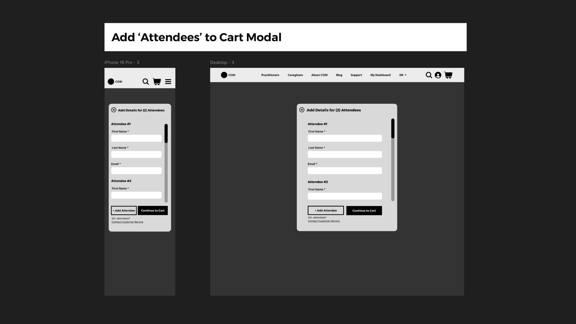 Wireframe showing a modal form titled "Add Attendee(s) to All Attendees" with fields for attendee details, reflecting the client profile redesign on both mobile and desktop screens.