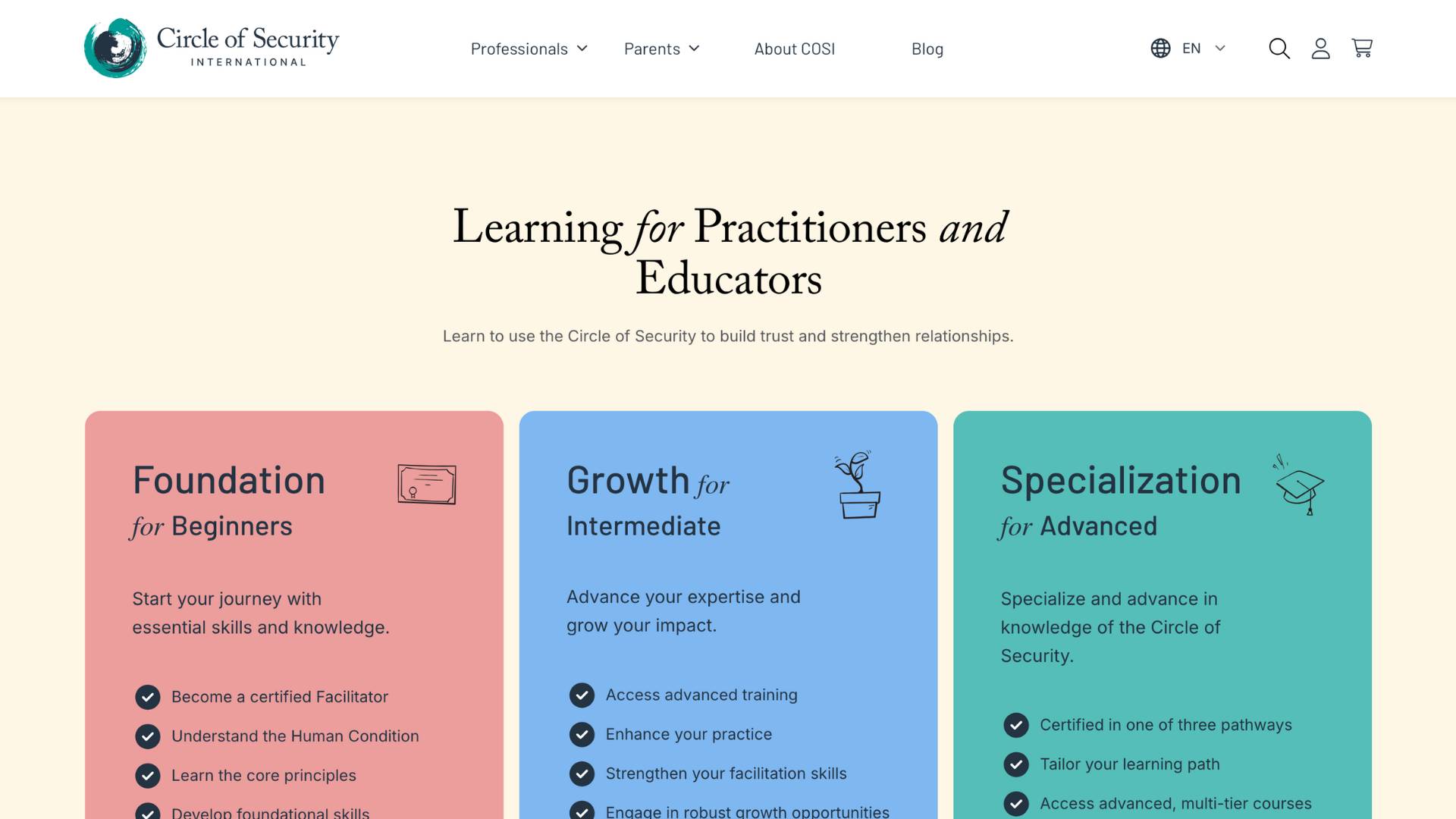 Screenshot of the Circle of Security International website showing a client profile redesign alongside three training options: Foundation for Beginners, Growth for Intermediate, and Specialisation for Advanced.