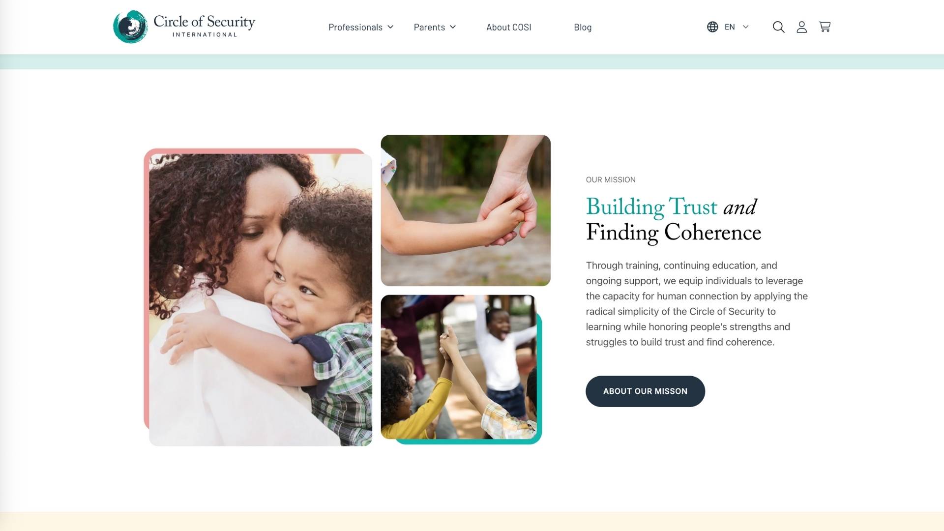 A woman hugs a smiling young child; nearby, photos show hands holding, a group reaching up, and another child’s hands—visuals reflecting support, connection, and the warmth at the heart of every client profile redesign.